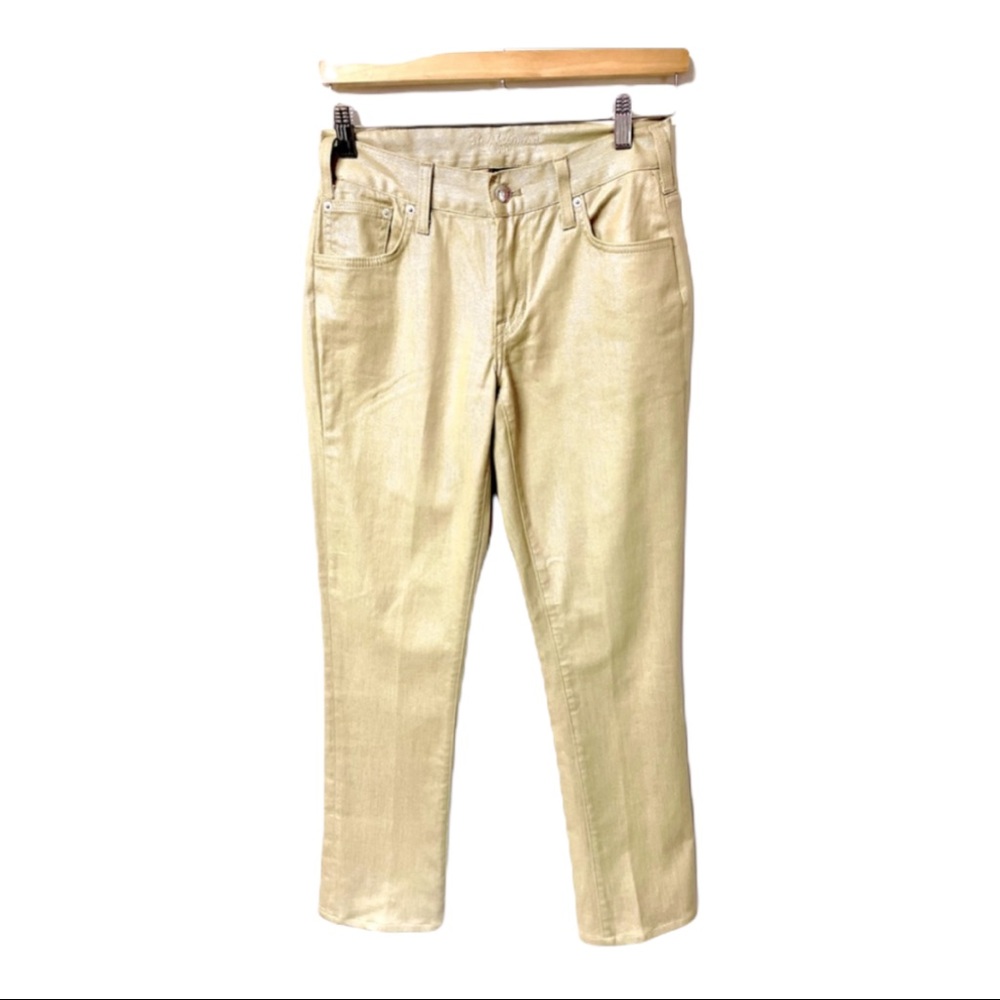 Ralph Lauren “380 Gold Label”shimmery gold metallic mid rise bootcut denim